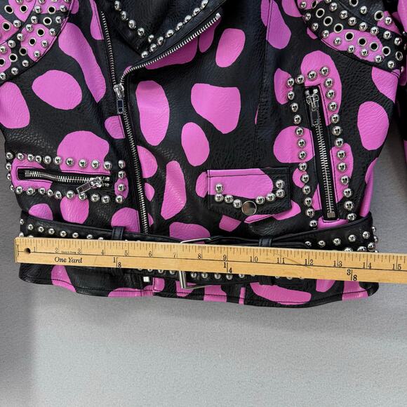 Azalea Wang Faux Leather Jacket Women's S Pink Black Pink Leopard Studded Moto - Picture 9 of 12